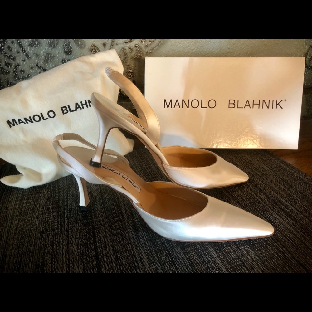Manolo Blahnik White Satin Slingbacks -